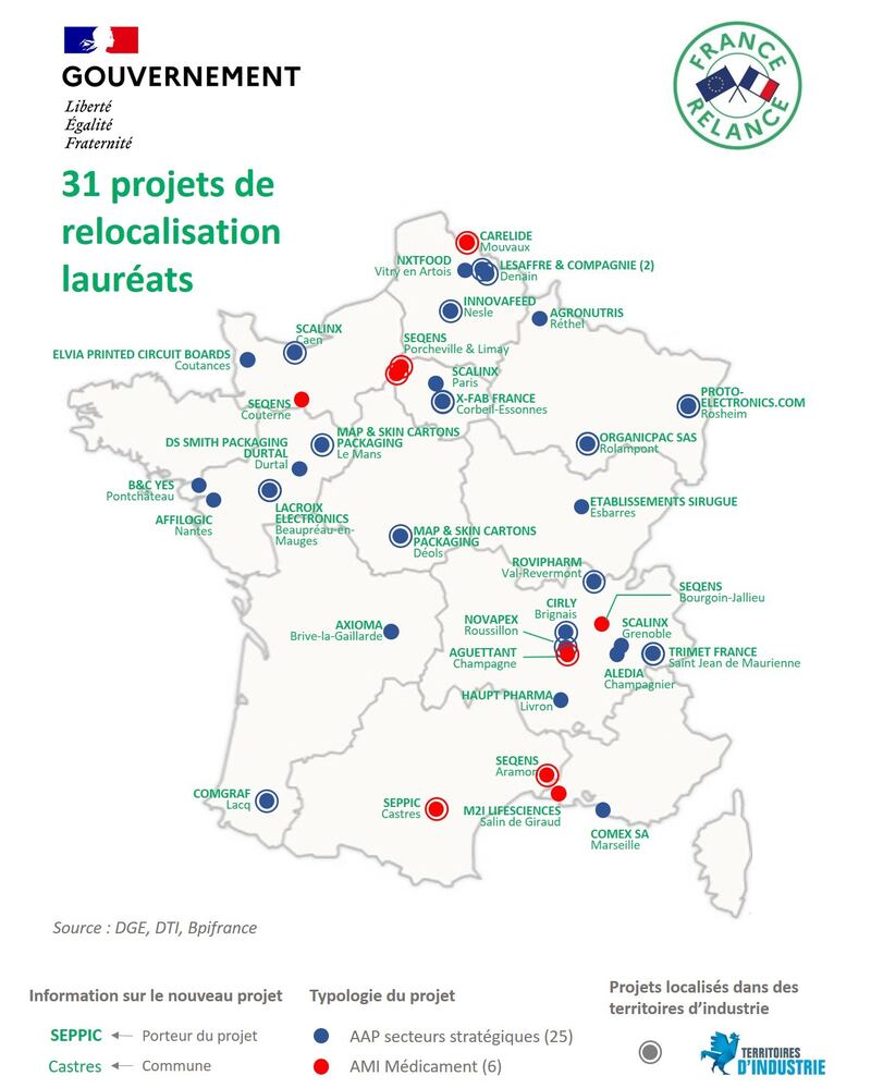 carte 31 projets relocalisation lauréats France plan relance